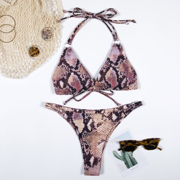 

Snakeskin Print Triangle Thong Bikini Swimsuit, Multicolor
