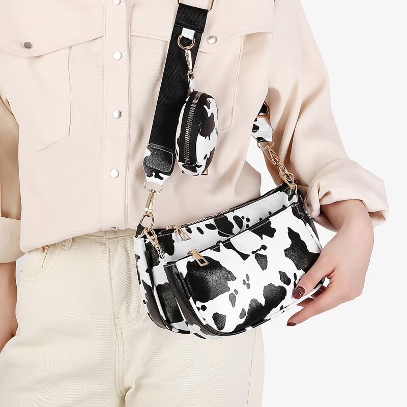 

3pcs Cow Pattern Crossbody Bag Set, Black and white