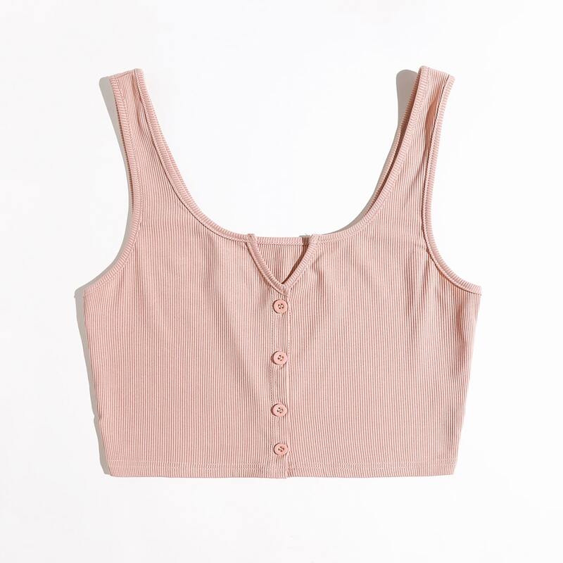 

Solid Notched Button Front Ribbed Tank Top, Baby pink