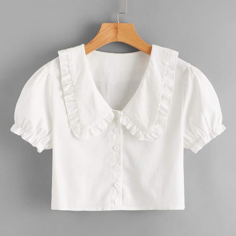 

Solid Statement Collar Button Front Crop Top, White