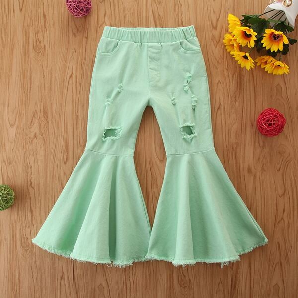 

Toddler Girls Ripped Raw Hem Flare Leg Jeans, Lime green