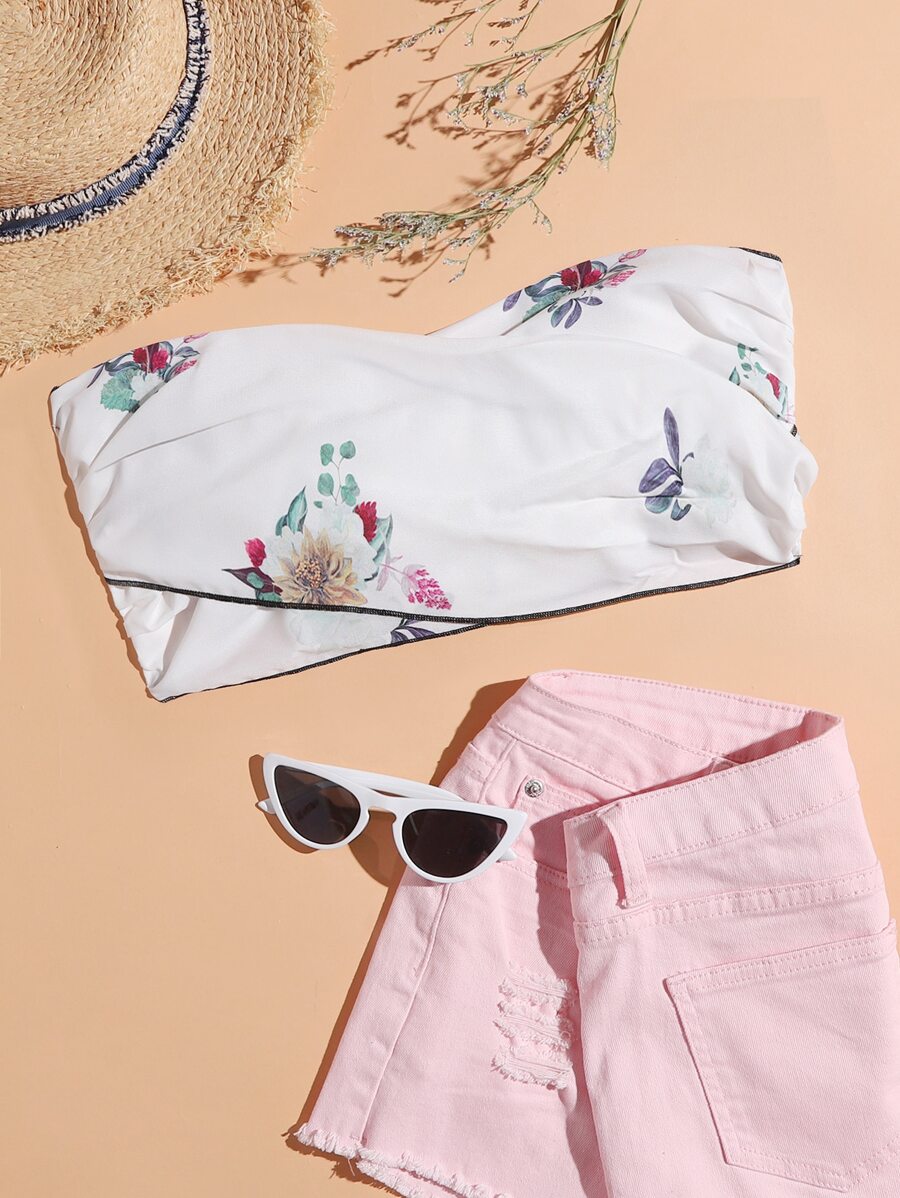 SHEIN WYWH Tie Back Floral Print Tube Top - White - View 1