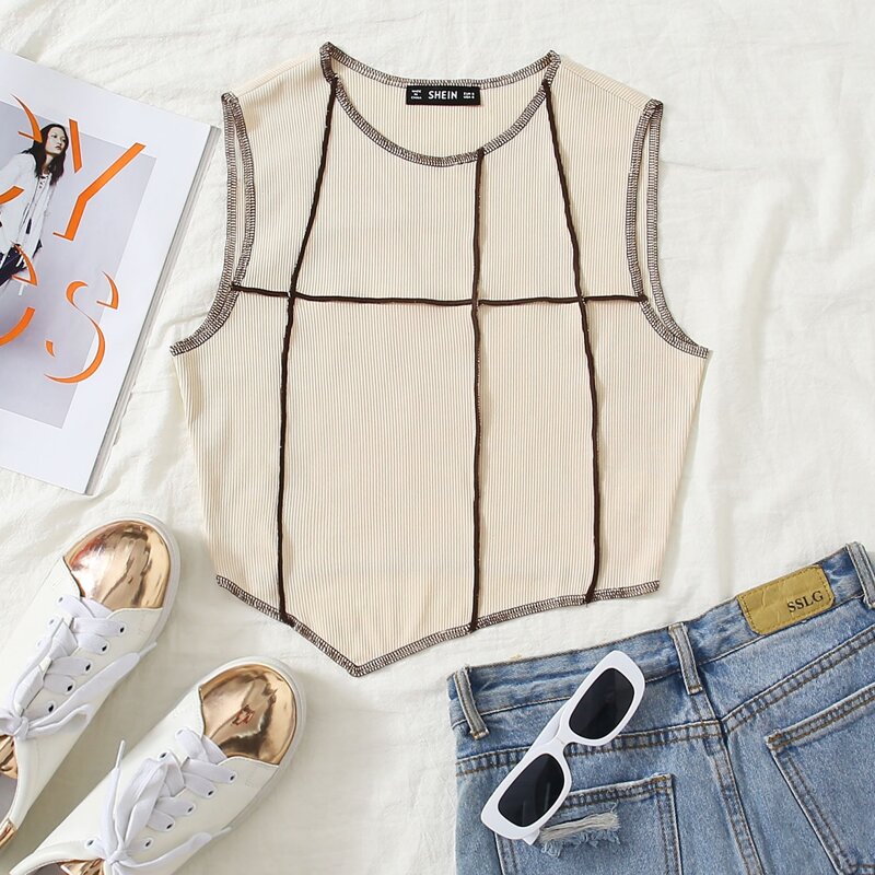 

Stitch Trim Crop Tank Top, Beige