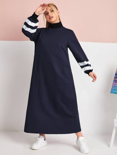 فستان قميص ثقيل بأكمام فانوس مخطط وبعنق عالي مقاس كبير