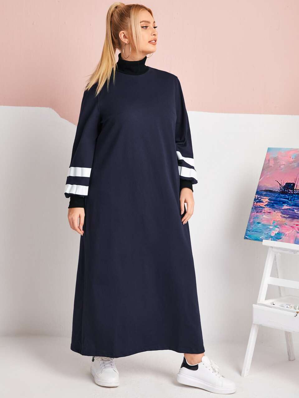 Plus High Neck Striped Lantern Sleeve Sweatshirt Dress