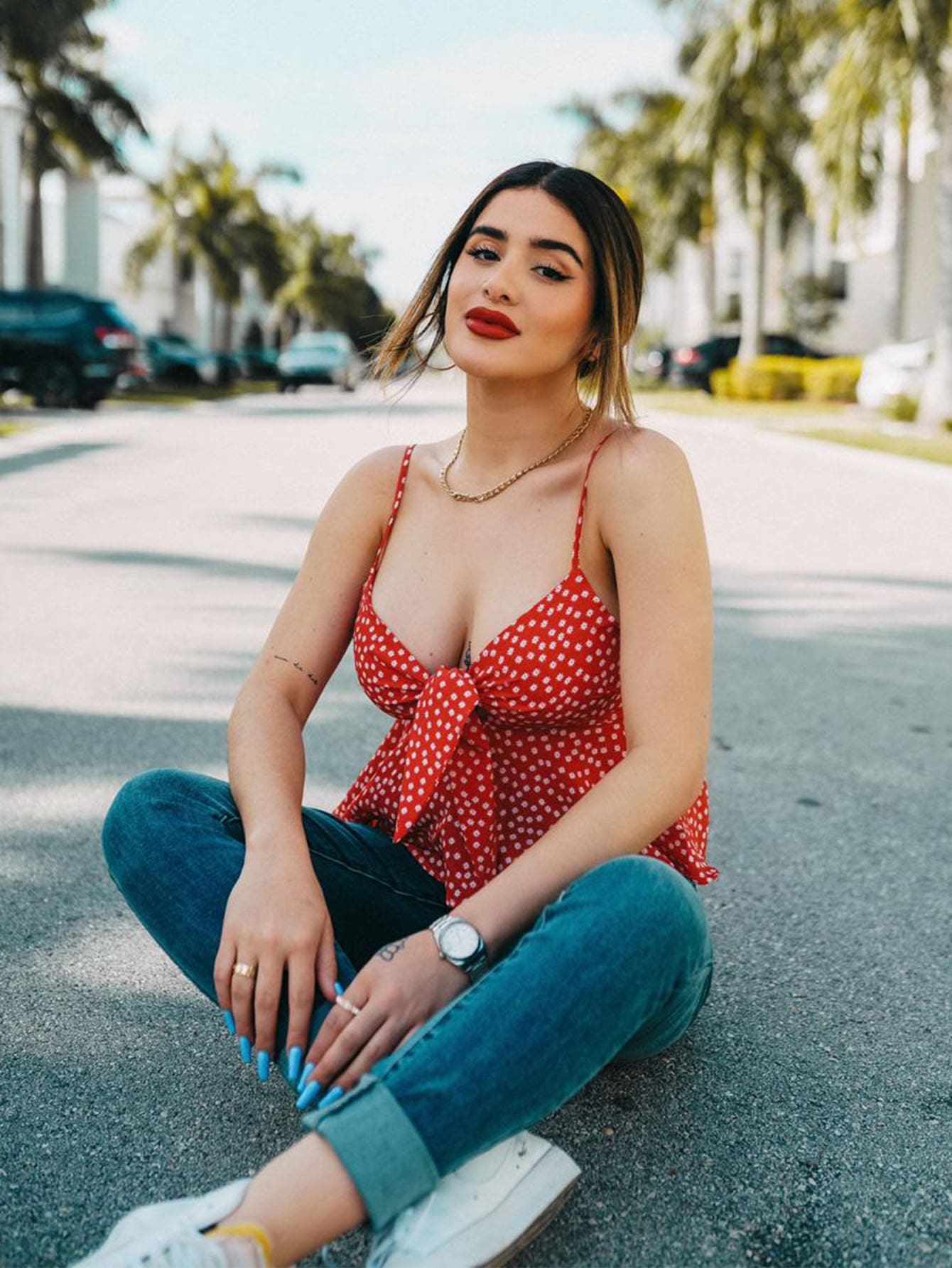 Soleia Tie Front Shirred Back Ruffle Hem Ditsy Floral Cami Top - Red - View 1