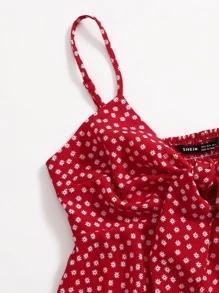 Soleia Tie Front Shirred Back Ruffle Hem Ditsy Floral Cami Top - Red - View 3