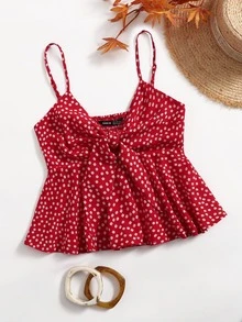 Soleia Tie Front Shirred Back Ruffle Hem Ditsy Floral Cami Top - Red - View 4