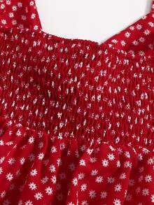 Soleia Tie Front Shirred Back Ruffle Hem Ditsy Floral Cami Top - Red - View 5