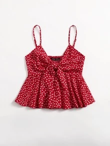 Soleia Tie Front Shirred Back Ruffle Hem Ditsy Floral Cami Top - Red - View 6