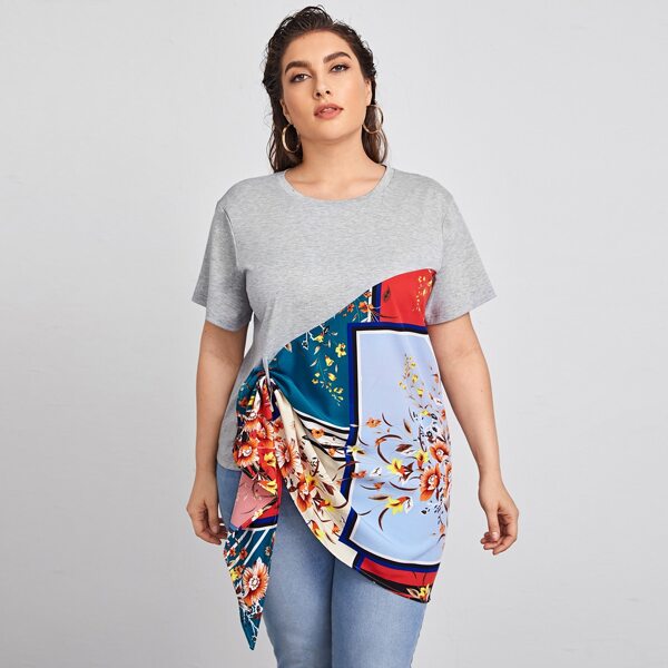 

Plus Contrast Floral Asymmetrical Hem Top, Multicolor