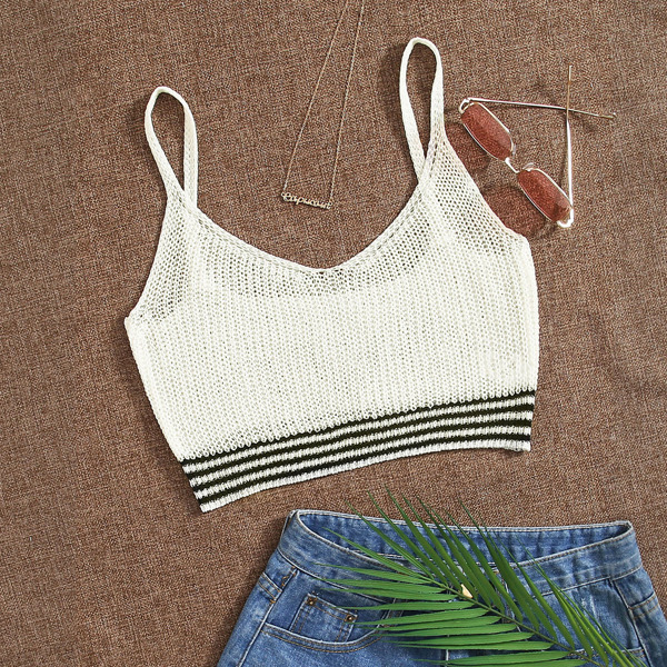 

Striped Trim Knit Cami Top, White