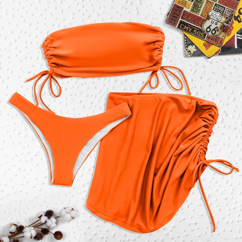 

3pack Tie Side Bandeau Bikini Swimsuit & Beach Skirt, Orange