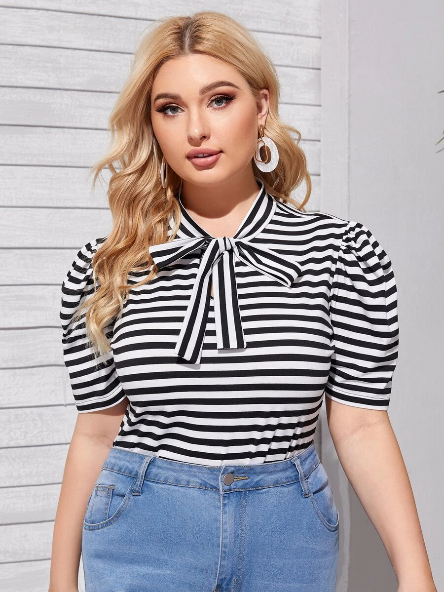 Áo thun Plus size Sọc Giải trí - Đen và trắng - Xem 1