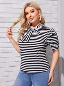 Áo thun Plus size Sọc Giải trí - Đen và trắng - Xem 3