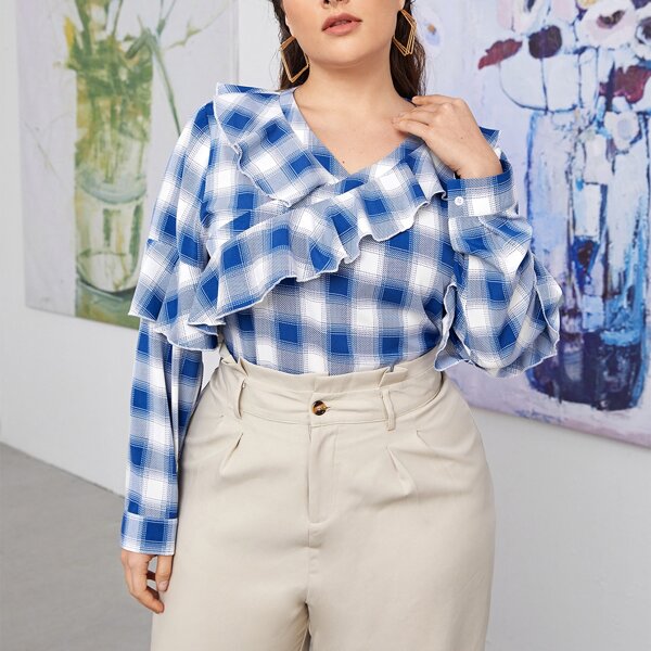 

Plus Plaid Ruffle Trim Blouse, Blue and white