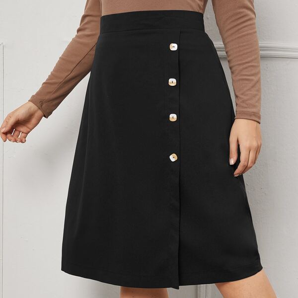 

Plus Solid Button Front A-line Skirt, Black