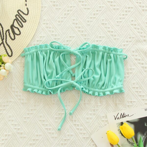 

Rib Ruched Frill Bandeau Bikini Top, Mint green