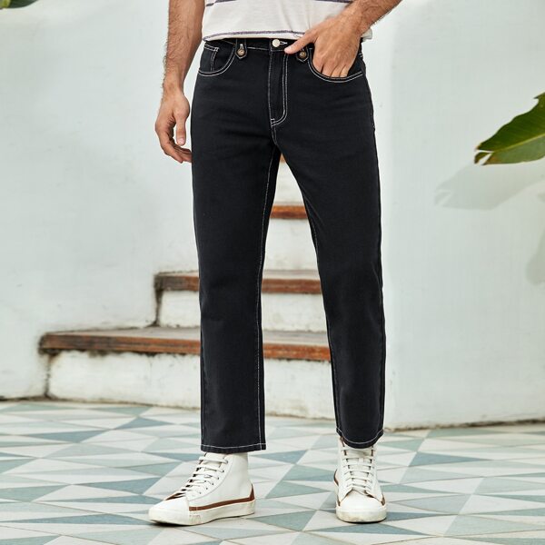 

Men Contrast Topstitching Straight Leg Jeans, Black