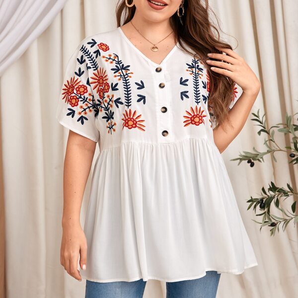 

Plus Floral Embroidery Half Button Babydoll Blouse, White