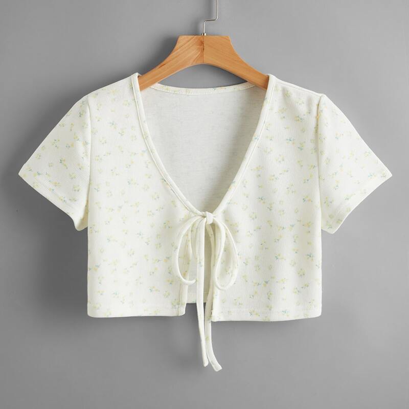 

Ditsy Floral Tie Front Crop Cardigan, Beige