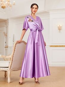 Mulvari Appliques Front Self Belted Dress - Lilac Purple - View 2