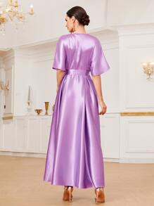 Mulvari Appliques Front Self Belted Dress - Lilac Purple - View 3