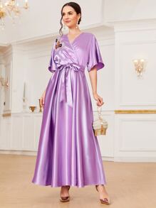 Mulvari Appliques Front Self Belted Dress - Lilac Purple - View 1