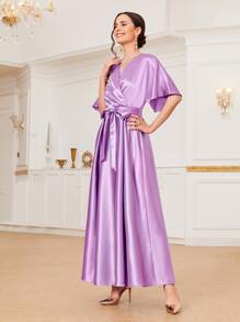 Mulvari Appliques Front Self Belted Dress - Lilac Purple - View 4