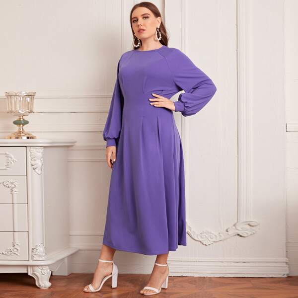 

Plus Bishop Sleeve Solid Fold Pleated Dress, Violet purple