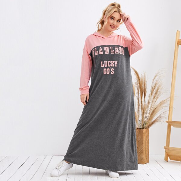 

Plus Drop Shoulder Letter Graphic Colorblock Hooded Dress, Multicolor
