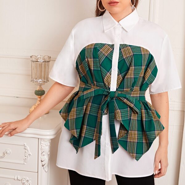 

Plus Tartan Belted Blouse, Multicolor
