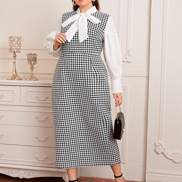 

Plus Tie Neck Slit Back Houndstooth Dress, Black and white