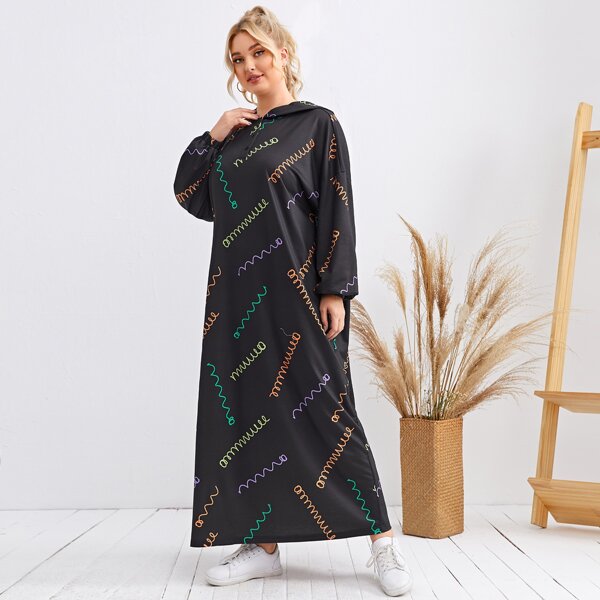 

Plus Allover Letter Graphic Hooded Dress, Black
