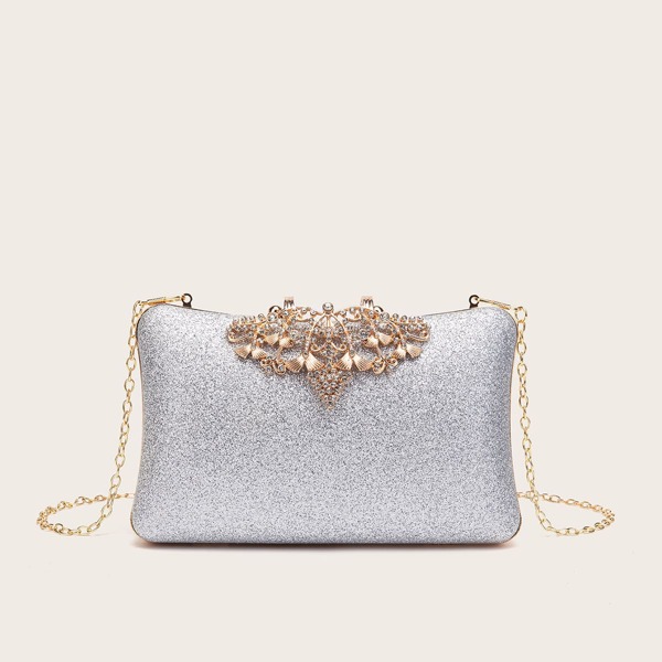 

Rhinestone Decor Glitter Box Clutch Bag, Silver