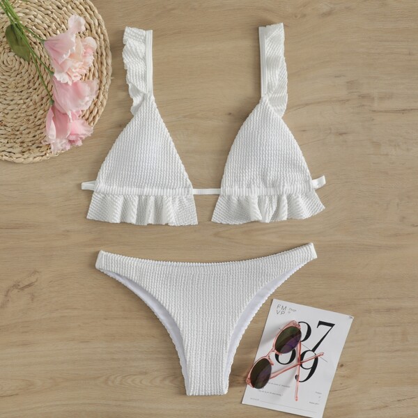 

Textured Ruffle Micro Triangle Bikini Swimsuit, White