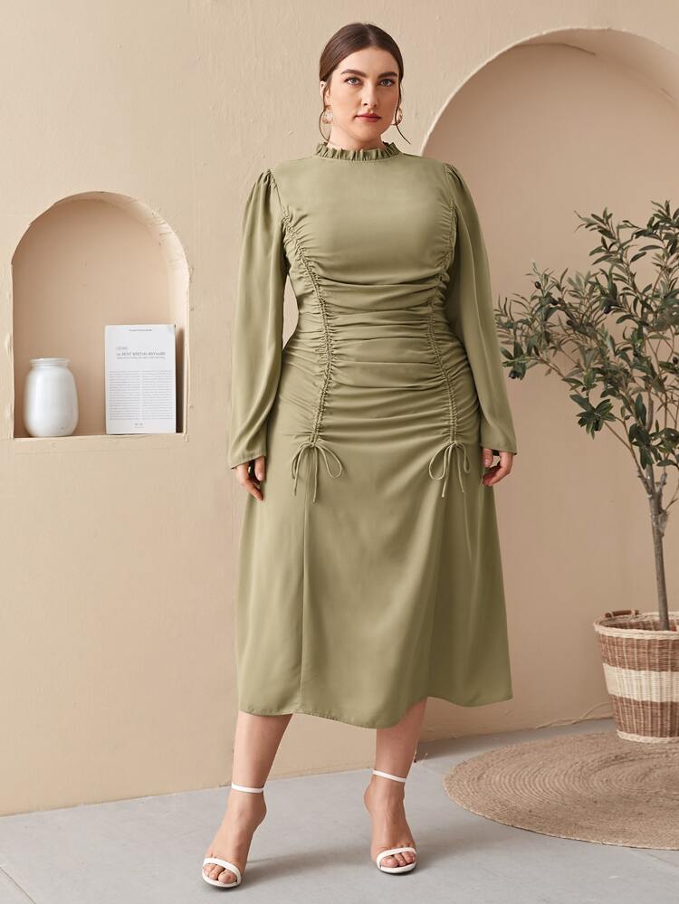 Plus Frilled Neck Ruched Drawstring Solid Dress