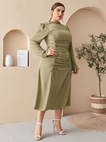 Modelyn Vestido Sólido Plus Con Cuello Con Volantes, Fruncido Elástico Con Cordón