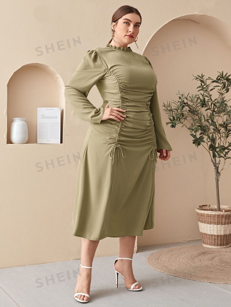 Modelyn Vestido Sólido Plus Con Cuello Con Volantes, Fruncido Elástico Con Cordón - Verde Oliva - Ver 1