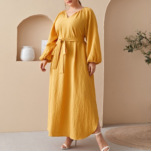 

Plus Notch Neck Lantern Sleeve Belted Dress, Yellow