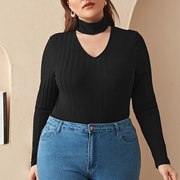 

Plus Keyhole Neck Rib-knit Top, Black