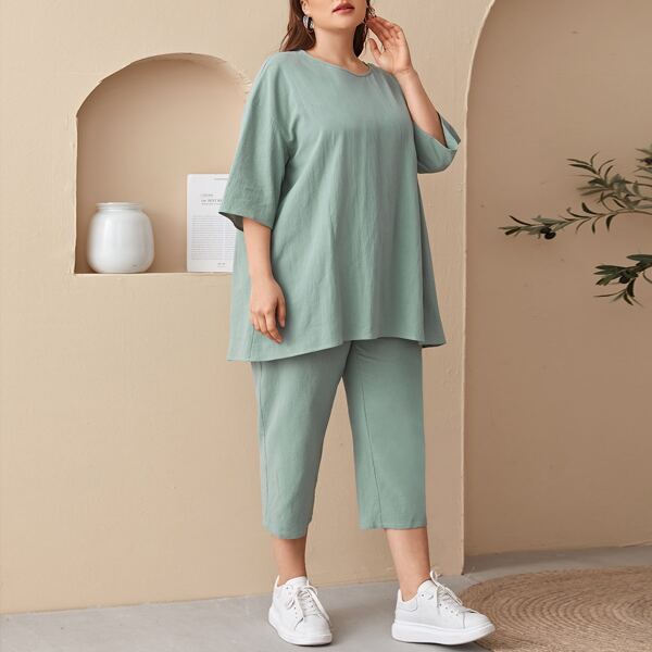 

Plus Drop Shoulder Solid Top & Capris Set, Mint green