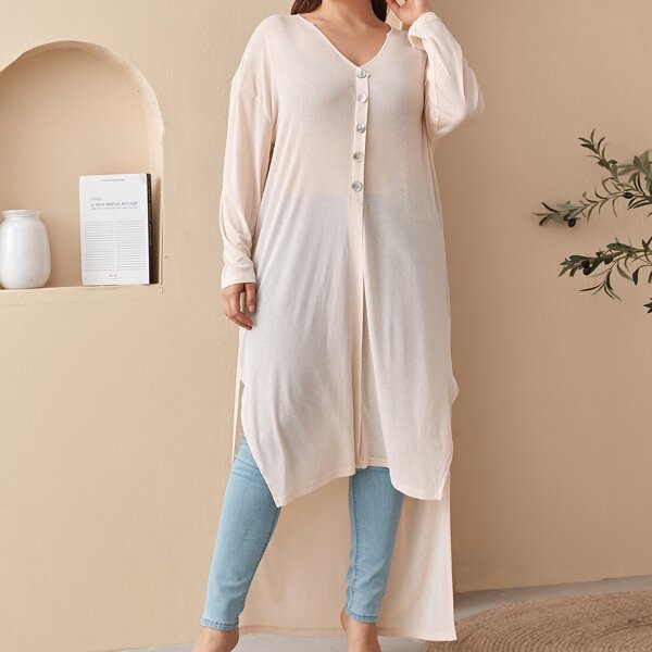 

Plus Button Front High Low Hem Top, Apricot