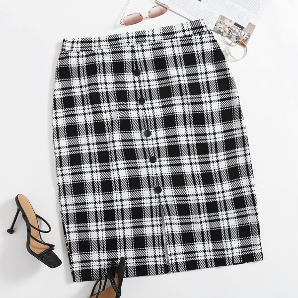 

Plus Button Front Plaid Skirt, Black and white