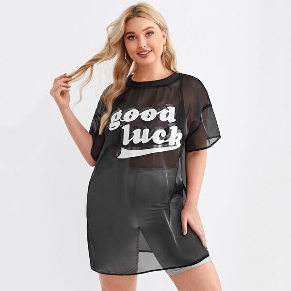 

Plus Letter Graphic Sheer Top Without Bra, Black