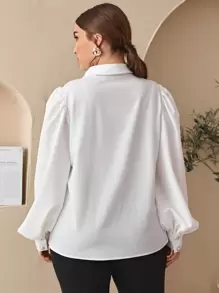 SHEIN Clasi 大碼燈籠袖紐扣半開襟上衣 - 白色 - 查看 2