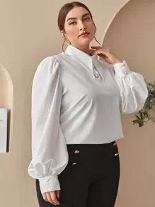 SHEIN Clasi 大碼燈籠袖紐扣半開襟上衣 - 白色 - 查看 3