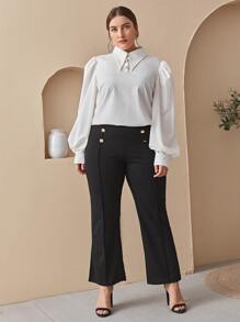 SHEIN Clasi 大碼燈籠袖紐扣半開襟上衣 - 白色 - 查看 4