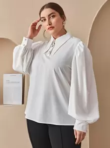 SHEIN Clasi 大碼燈籠袖紐扣半開襟上衣 - 白色 - 查看 5