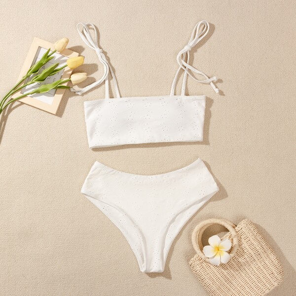 

Schiffy Tie Shoulder High Waisted Bikini Swimsuit, White